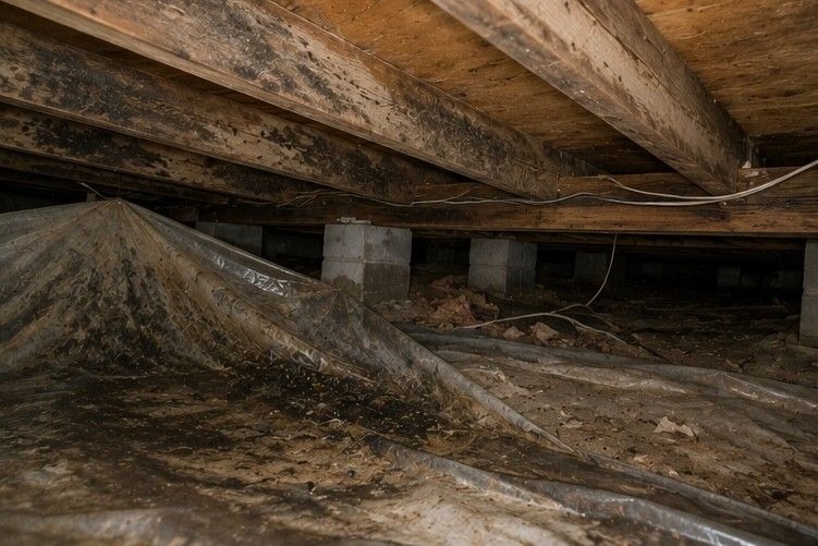 crawl space showing visible mold on floor joists and vapour barrier failure in Colorado Springs property needing specialist