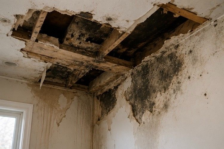 damaged ceiling and wall materials in Colorado Springs property showing structural deterioration caused by long term mold