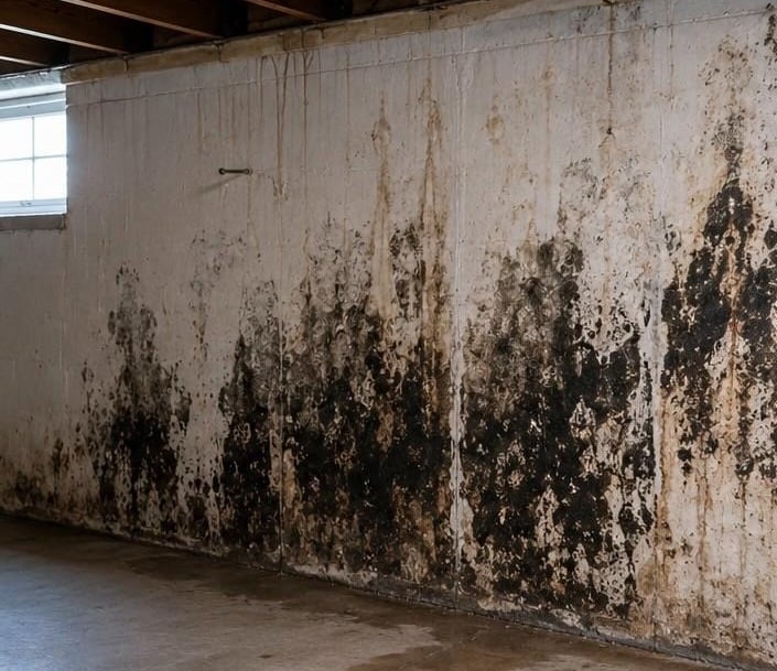 dark mold growth visible on basement wall of Colorado Springs home showing signs of water damage and moisture intrusion