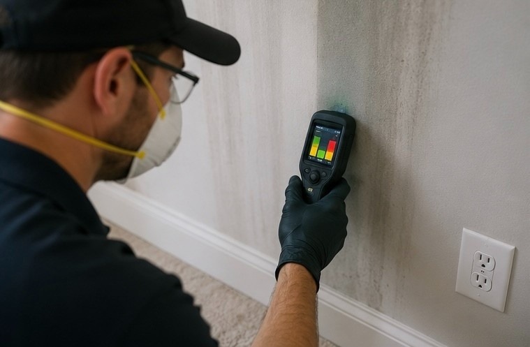 mold inspector using moisture detection equipment to identify hidden mold behind walls in Colorado Springs home