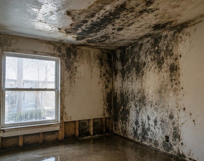 water damaged Colorado Springs property showing rapid mold growth on walls and ceiling requiring emergency same day