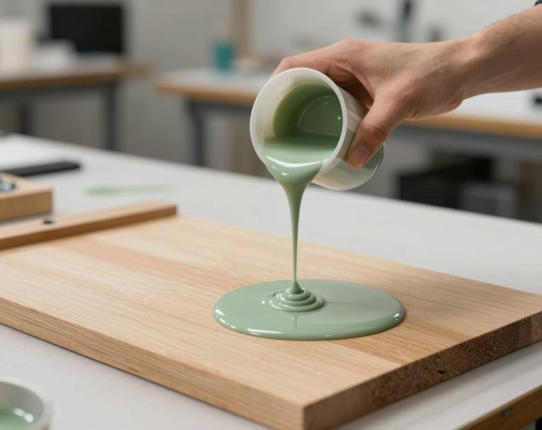 An artist's hand in a modern International / Global workshop setting, carefully pouring a thin stream of sage green resin onto a wooden canvas. The scene is clean, professional, and captures the moment of creation with sharp focus on the liquid movement.