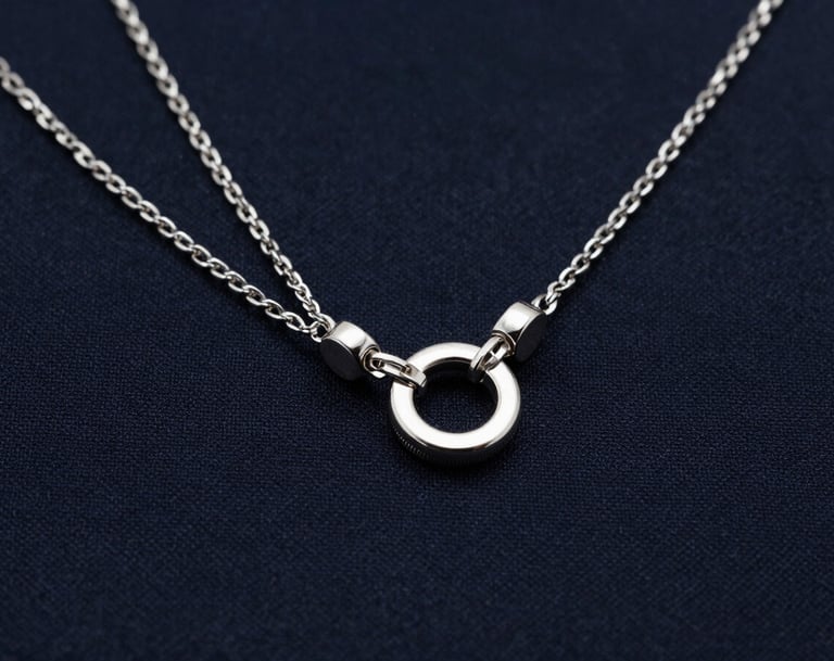 A sharp, high-fashion macro photograph of sleek, modern silver accessories worn by a performer, set against a dark navy fabric texture. The composition is artistic and minimalist, reflecting a sophisticated US creative vision.