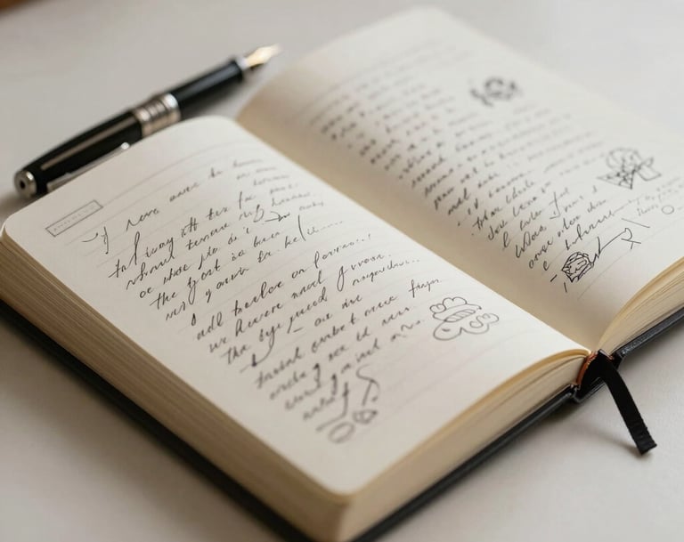 A detailed close-up shot of an open, hand-bound notebook on a cream surface. The pages are filled with elegant cursive writing and small ink sketches. A fountain pen rests on the spine. The lighting is soft and moody, emphasizing a sophisticated and introspective tone. International / Western style.