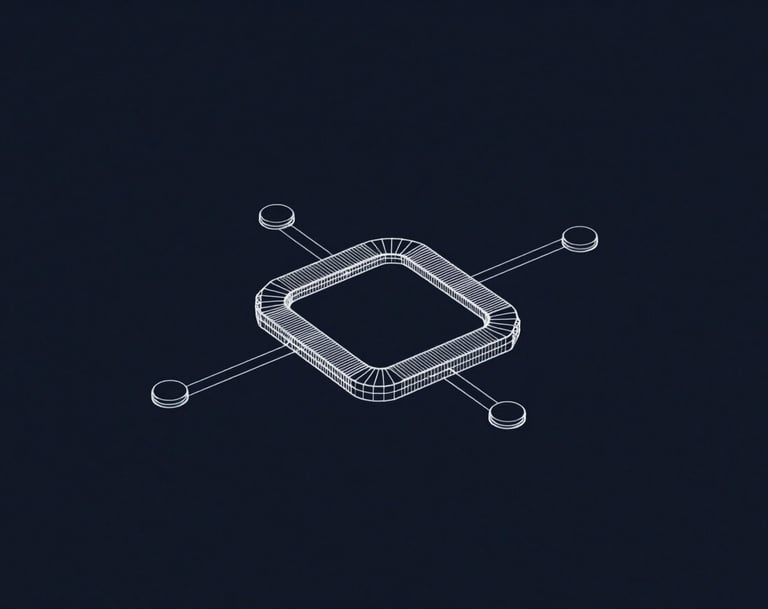 Minimalist wireframe schematic of an AI processing node, thin white lines #E6EFF5 on a dark navy #0A1118 background, sophisticated technical drawing style.