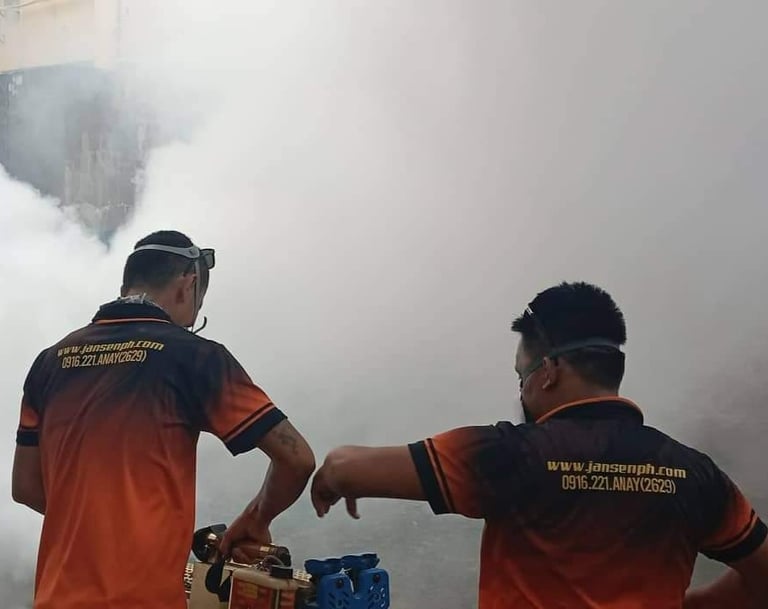 Professional pest control technicians performing thermal fogging to eliminate mosquitoes and insects.