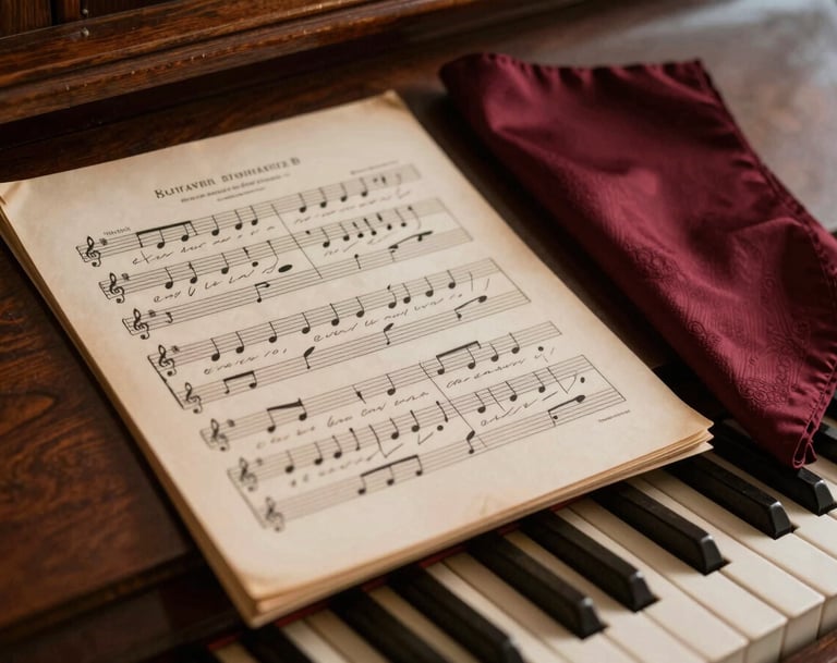 A close-up of a vintage musical score with handwritten Italian lyrics, placed on a dark wooden piano. A silk handkerchief in deep burgundy (#6B242D) lies beside it. The lighting is warm and atmospheric, evoking the golden age of classical opera.