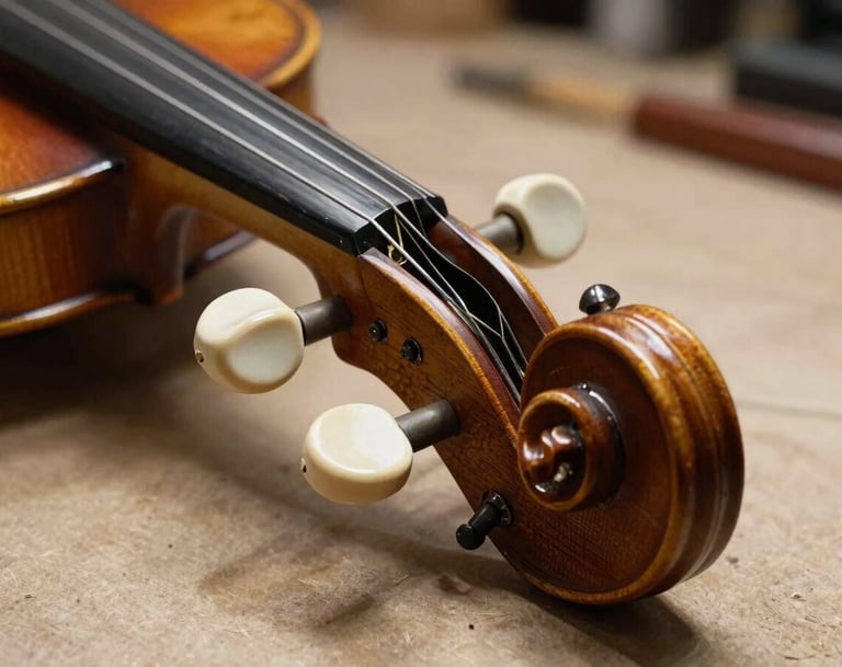 Detail of a violin's scroll and pegs, high-quality craftsmanship, professional lighting. Muted earth brown wood tones with soft almond off-white highlights. Southern European / Spanish luthier workshop feel.