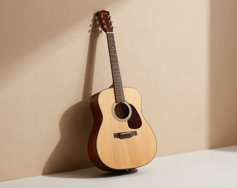 A high-quality acoustic guitar leaning against a warm beige textured wall. Long shadows in terracotta tones cast across a soft off-white floor. Minimalist and artistic composition.