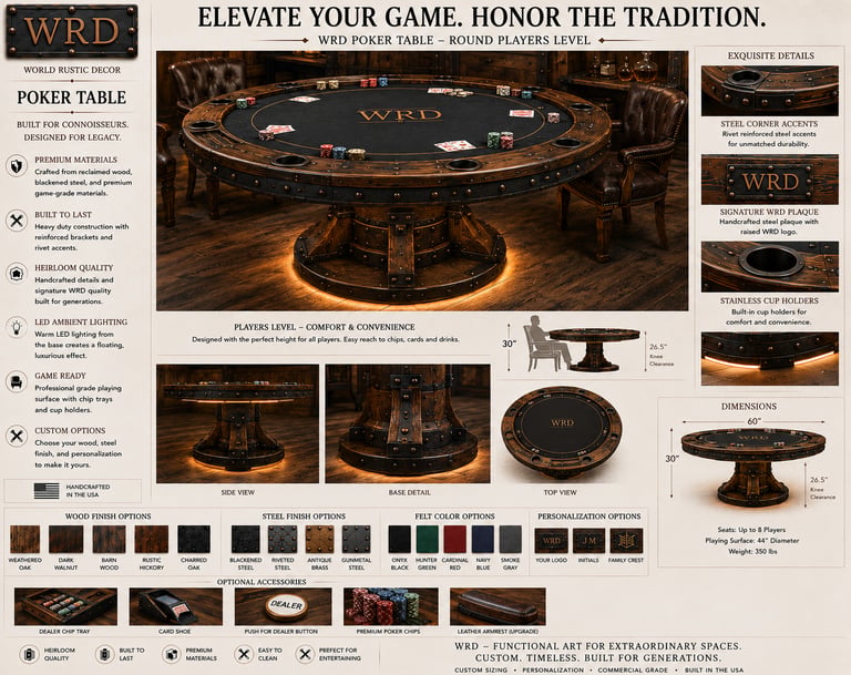 Custom round poker table made of reclaimed wood with industrial steel accents and LED lighting.