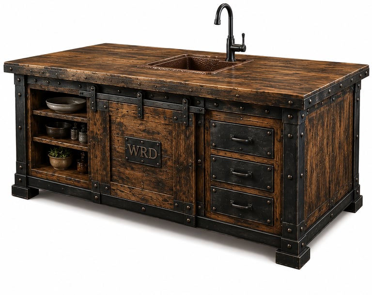 Rustic industrial kitchen island with reclaimed wood, copper sink, and black metal sliding barn door hardware.