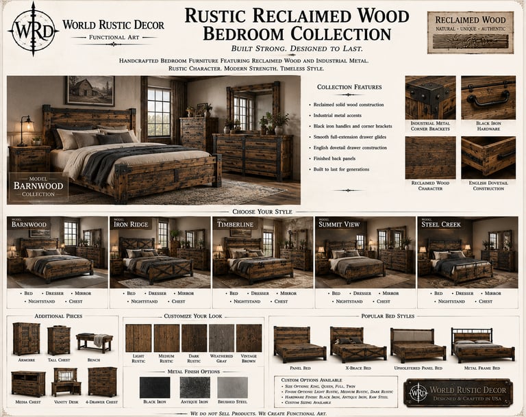 Rustic reclaimed wood bedroom furniture collection featuring industrial metal accents, barnwood bed frames, and matching