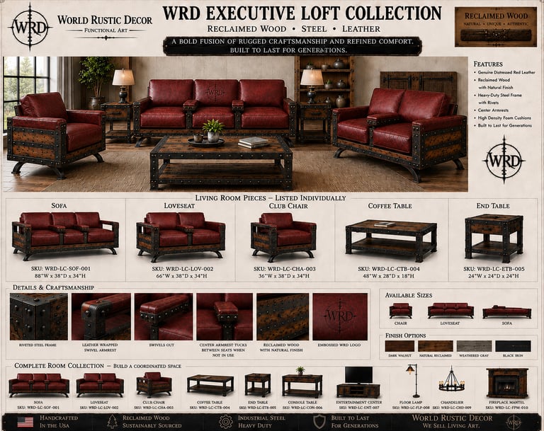 Executive Loft Collection featuring red leather rustic furniture made of reclaimed wood and steel with industrial rivets.