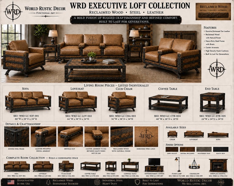 World Rustic Decor WRD Executive Loft Collection featuring reclaimed wood and leather industrial furniture.
