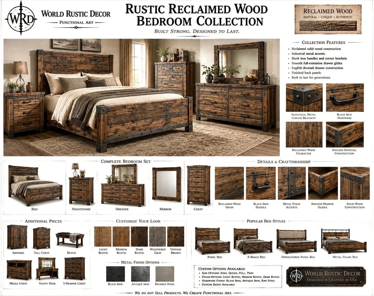 Rustic reclaimed wood bedroom furniture collection featuring a farmhouse style bed frame, dresser, and nightstand with