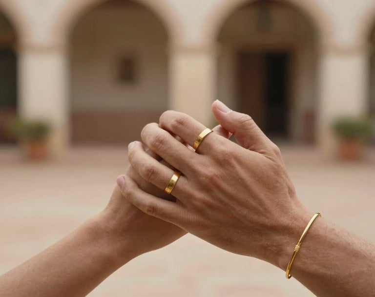 Macro photography of a couple's hands intertwined, wearing simple gold jewelry, soft focus background of a sun-bleached Iberian patio, warm brown and sand color palette.
