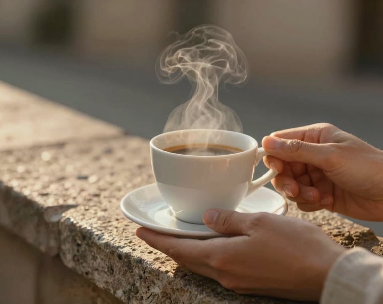 Close-up shot of hands holding a classic white ceramic espresso cup against a rustic stone ledge. Warm golden hour light creates a soft glow, highlighting the steam. The color palette includes rich #6F604F and #C4B29A tones, feeling premium and authentic.
