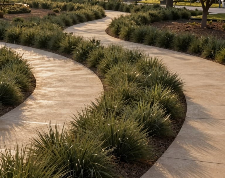 A professional wide-angle photograph of a modern public park in Mexico featuring drought-resistant landscaping. Earthy olive green vegetation contrasts with clean, warm sand beige concrete paths. Evening golden hour lighting.