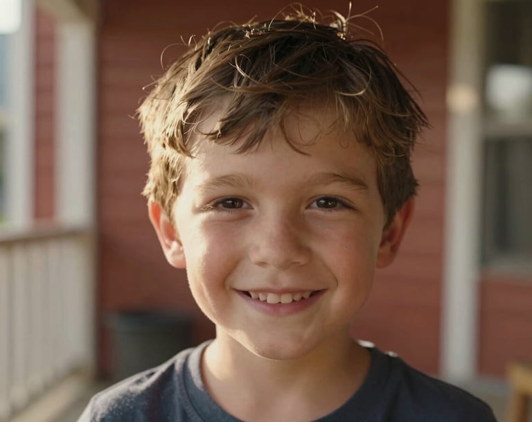 A close-up candid portrait of a child smiling naturally, sun-drenched lighting catching flyaway hair, a North American / US home porch in the blurred background, warm terracotta and charcoal accents.