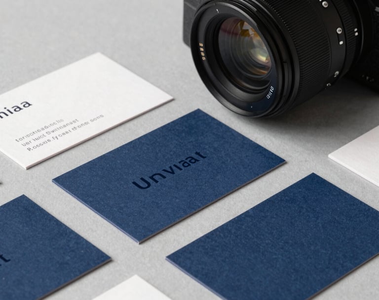 High-end photography of a physical brand identity presentation, featuring minimalist business cards with dark navy typography and a slate blue texture, arranged neatly on a light gray surface in a modern North American setting.