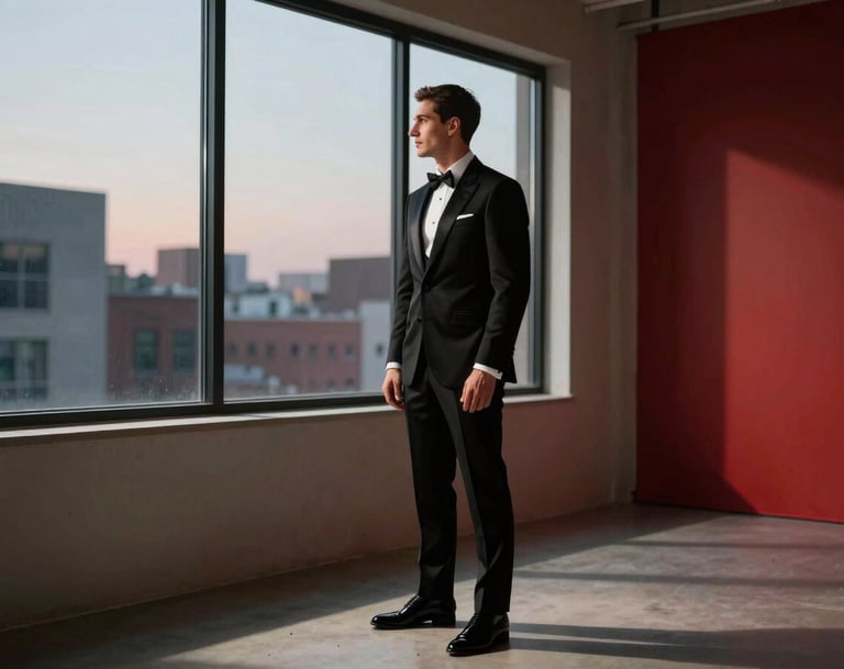 A groom in a tailored black tuxedo standing in a minimalist North American / US urban loft, looking out a large window at dusk, dramatic shadows and strong red accents in the room decor.