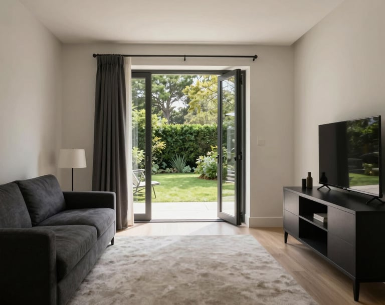 Interior view of a guest suite. Generous whitespace, soft off-white walls, and a large pivot door opening to a garden. Deep charcoal black furniture accents provide a sophisticated contrast. Editorial style photography.