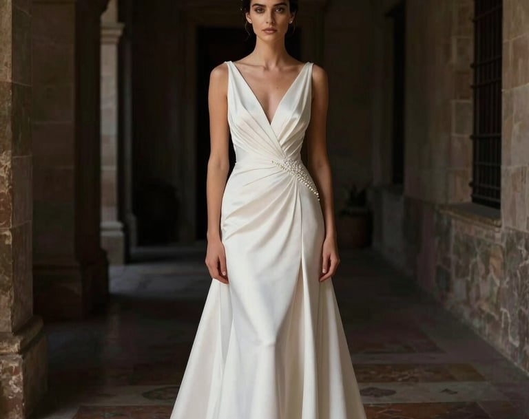 A refined portrait of a bride in a modern, elegant gown standing in a dimly lit historic Spanish corridor. Soft directional lighting highlights the textures of the fabric. Moody, cinematic photography with a color palette of white, gold, and deep charcoal.