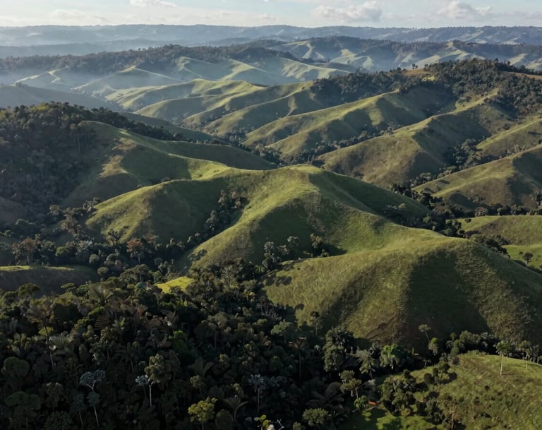 A sweeping aerial view of the lush, rolling hills of the Vale do Aço, South American / Brazilian topography, captured in a cinematic style with deep Dark Forest Green forests and misty Pale Sage Green valleys.