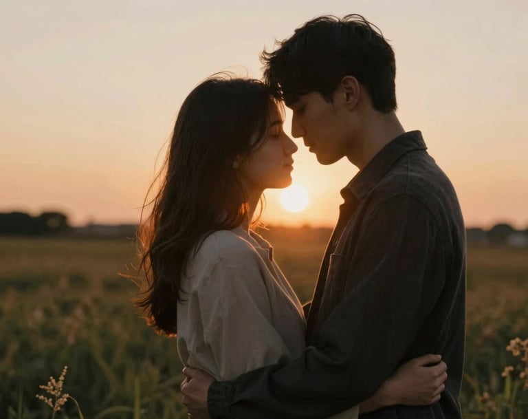 An intimate, cinematic shot of a couple embracing in a field, their heads touching. The sun is setting behind them, creating a lens flare. Warm, earthy palette with #333333 charcoal accents in the clothing.