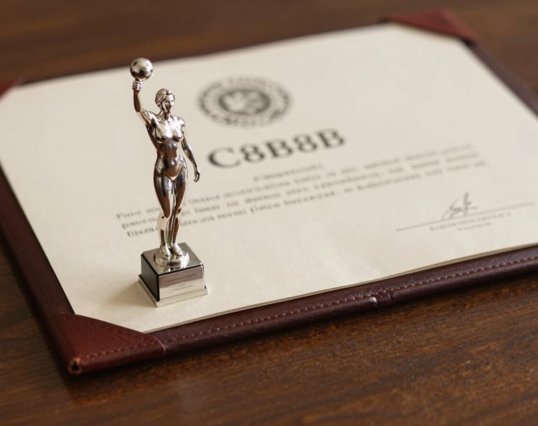 A close-up artistic shot of a silver vocal trophy and a leather-bound certificate resting on a mahogany surface. The lighting is soft and warm, incorporating #C8B8B8 and #8D6A6A tones to evoke a sense of prestigious history.