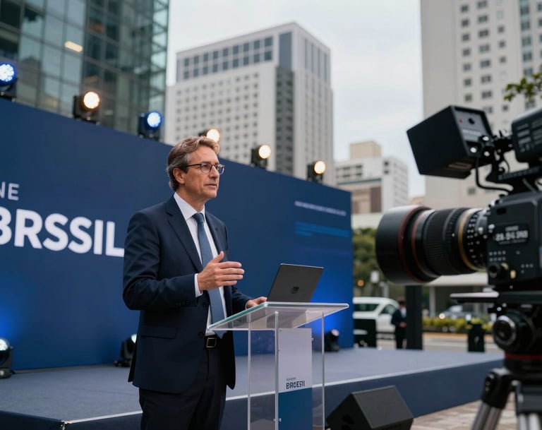 A video thumbnail showing a high-tech corporate event in a Brazilian metropolitan center, professional stage lighting, cinematic depth of field with a focus on a speaker, navy blue accents.
