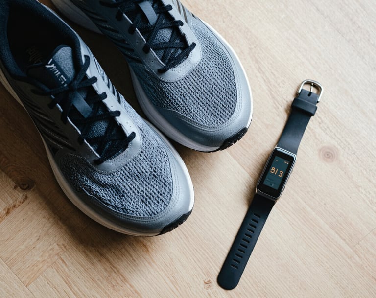 An aesthetic overhead shot of sleek running shoes and a fitness tracker placed neatly on a light wood floor. The lighting is soft and natural, emphasizing a minimalist and personal lifestyle vibe.