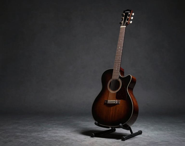 A minimalist home studio setup in deep charcoal black, a single spotlight hitting a vintage guitar on a stand, muted slate grey shadows, cinematic atmosphere.
