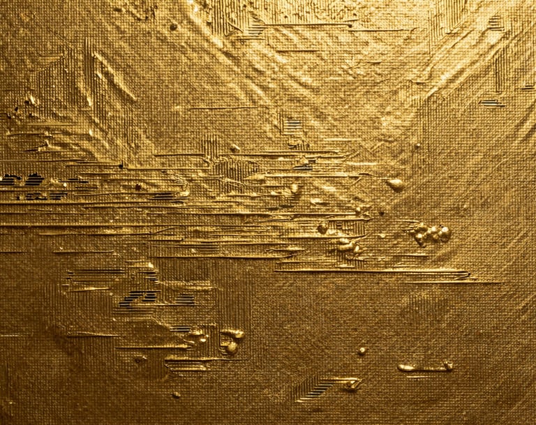 A macro photograph of a textured canvas surface where metallic Burnished Gold paint has been applied in sharp, intentional patterns that mimic digital glitch art and pixelated data streams. The lighting is high-key, highlighting the metallic shimmer against the texture.