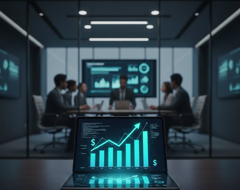 Laptop con gráfica de crecimiento financiero en sala de juntas. IT como motor de ingresos.