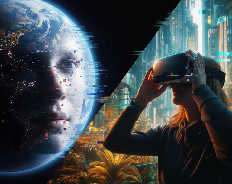 Subtly glitched image of Earth or a human face, suggesting a simulation or virtual reality training ground for consciousness