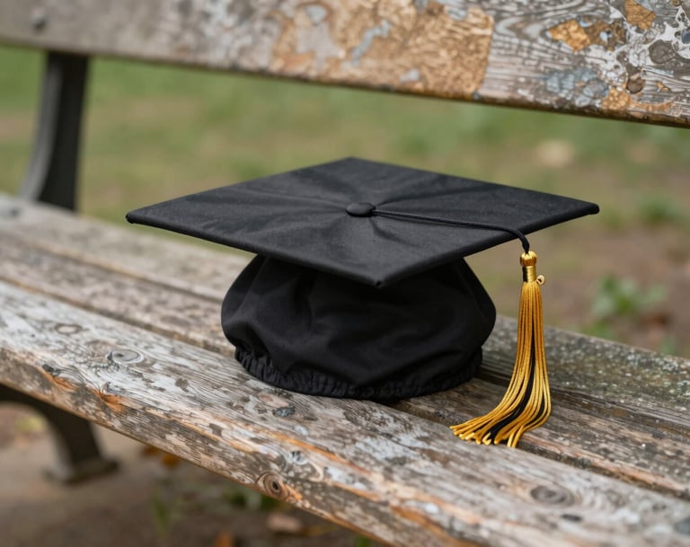 A detailed shot of a graduation cap with a tassel resting on a vintage wooden bench, soft focus on a North American park background with warm stone and beige tones, reflecting the significance of graduation.