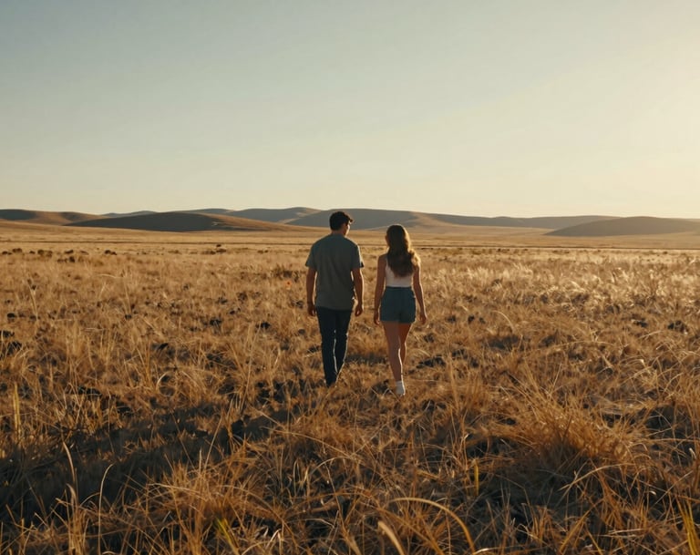 A wide cinematic shot of a couple walking through a North American / US meadow during the golden hour, sun-drenched atmosphere with dark charcoal shadows and soft warm sand light.