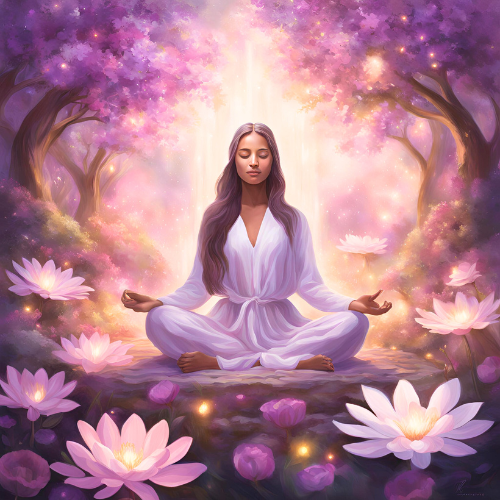 une femme assise dans un jardin de fleurs de lotus
