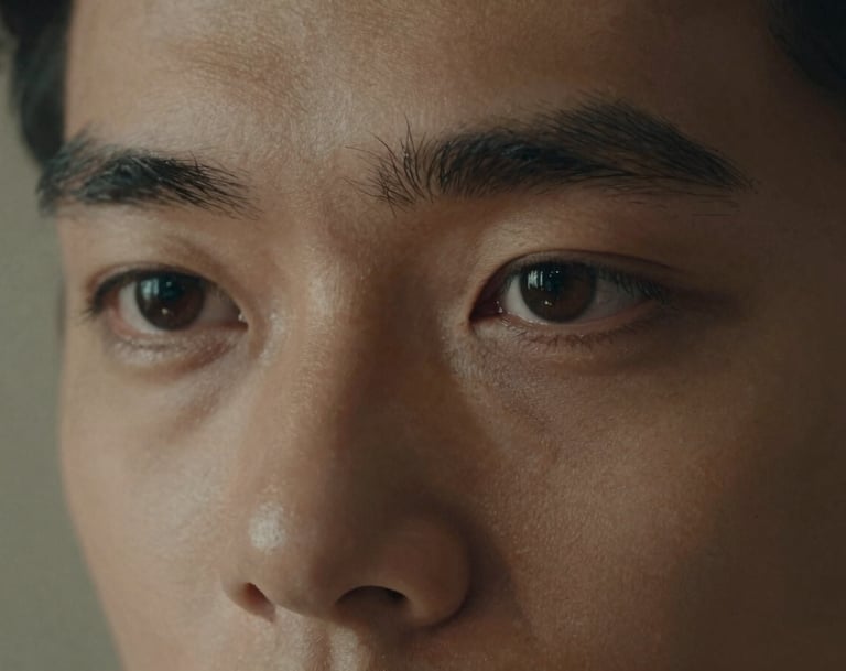 A close-up artistic portrait focusing on the subject's eyes, with a warm muted earthy tan light source from the side. Soft grain, cinematic film style.