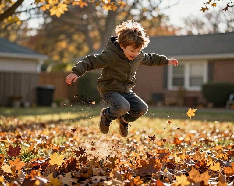 A cinematic action shot of a child jumping into a pile of autumn leaves in a North American / US backyard. The scene is filled with warm, golden-hour light. The composition is dynamic and authentic, capturing pure joy with a sun-drenched quality.