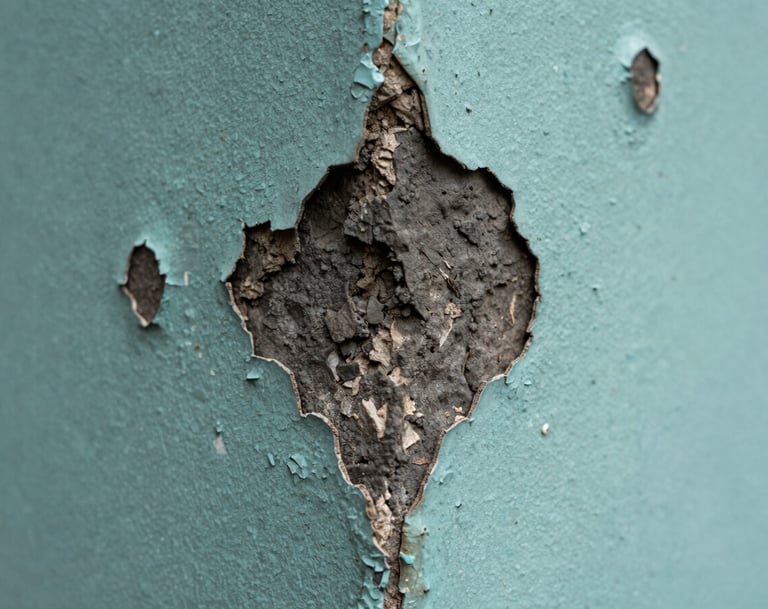 Macro photography focusing on the corner of a weathered building where muted teal paint is peeling to reveal charcoal-colored stone beneath. Soft, diffused lighting highlights the organic decay.