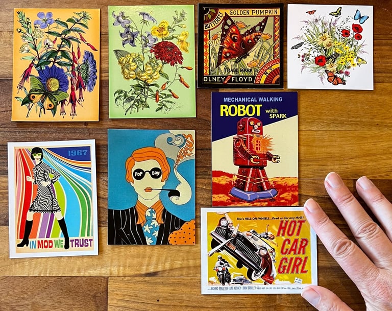 Pop culture images of robots, flowers, butterflies and 1950's movies