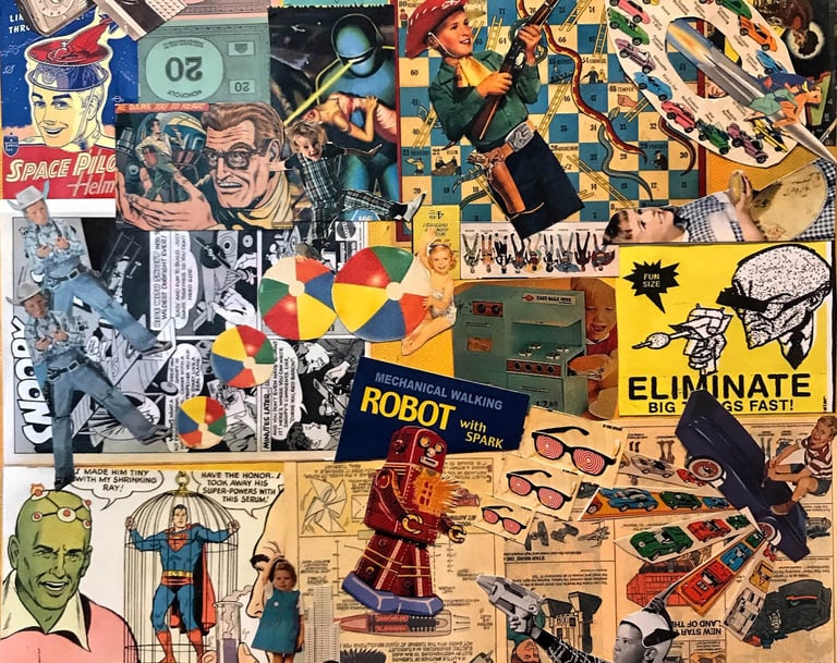 a collage of comics, toy ads vintage games