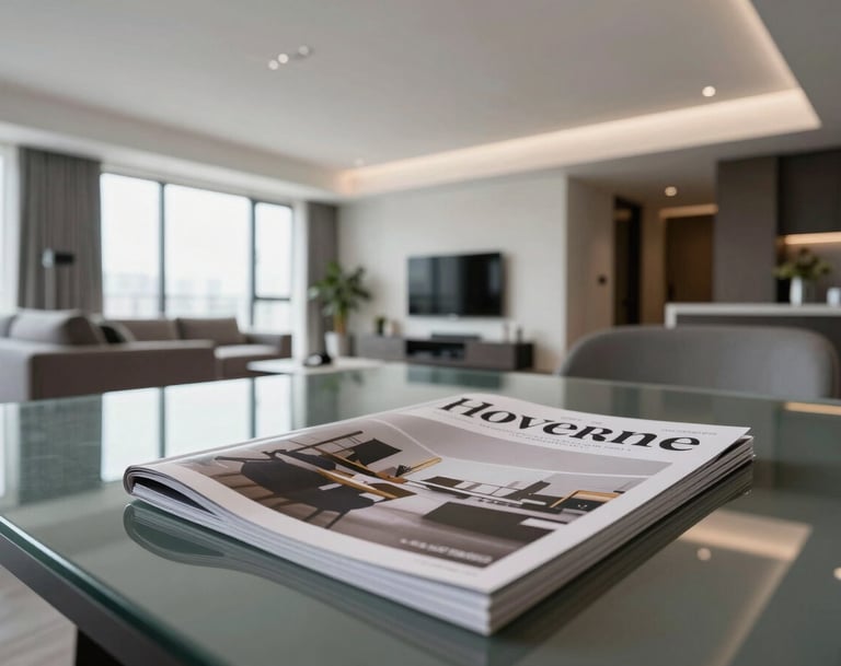 A sleek International / Western apartment interior with high ceilings and minimalist furniture, showcasing a branded magazine lying on a glass table, emphasizing clean design and sophisticated living.