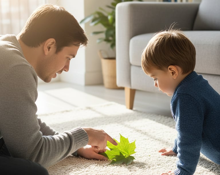 Parent and child quietly observing an object together at home