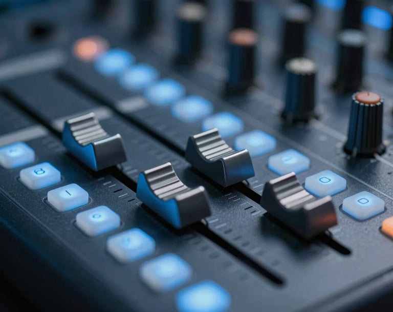 A macro shot of a digital audio mixing board with illuminated buttons and faders. The lights on the board are a soft, modern blue (#8EA7BF). The overall aesthetic is clean, professional, and high-tech.