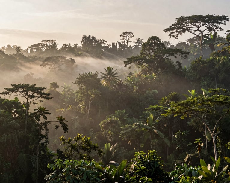 An elegant wide shot of the lush Ubud jungle canopy at sunrise, with light mist clinging to the trees. The composition is serene and atmospheric. Palette features #C8B6A6 and #7B6654.