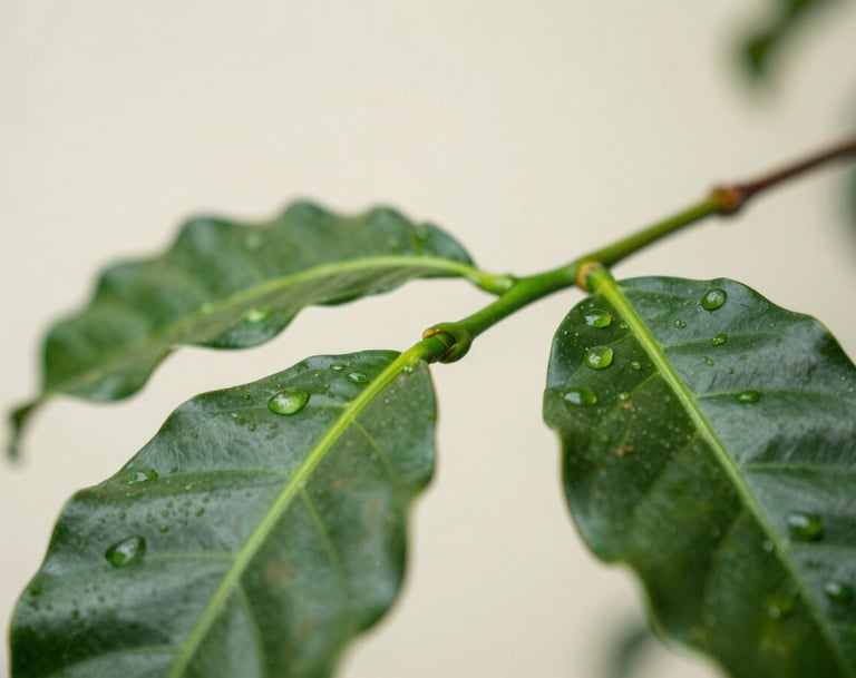 Close-up detail shot of vibrant moss green coffee leaves with morning dew drops. Shallow depth of field with a soft cream-colored background, capturing natural elegance and freshness.