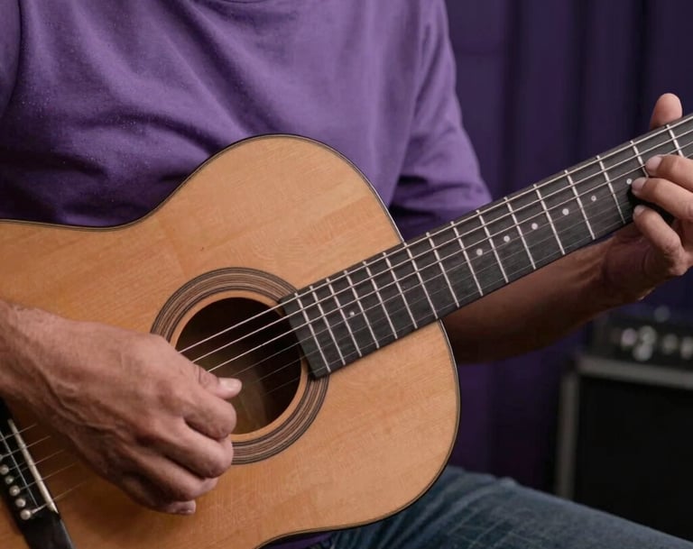 A close-up artistic shot of guitar strings being played by a musician, moody lighting emphasizing the movement and emotion, South American / Venezuelan studio environment. Palette colors used: Mauve and Dark Purple.
